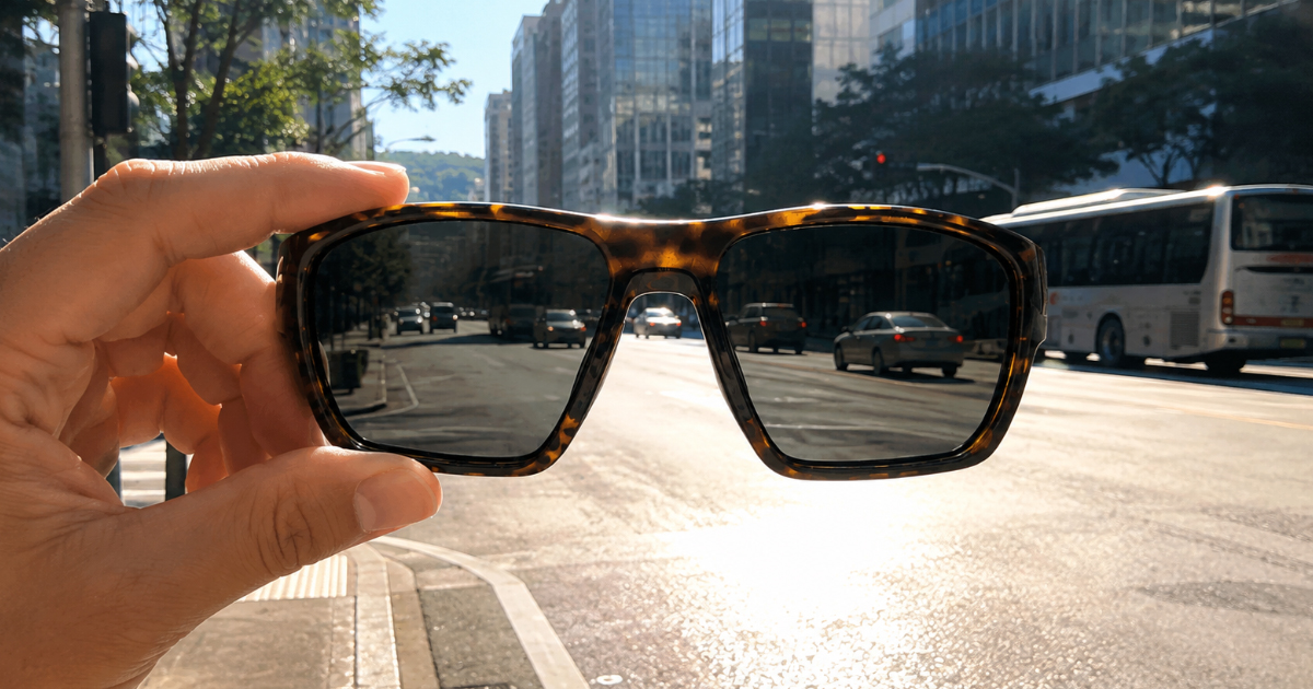 Mão segurando óculos de sol com armação padrão tartaruga contra a iluminação direta do sol em uma avenida urbana movimentada, demonstrando o efeito das lentes de proteção.