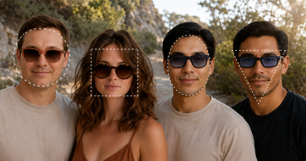 Quatro pessoas sorrindo lado a lado usando óculos de sol, com contornos tracejados ao redor de cada rosto indicando formatos faciais específicos: redondo, quadrado, oval e triângulo invertido.