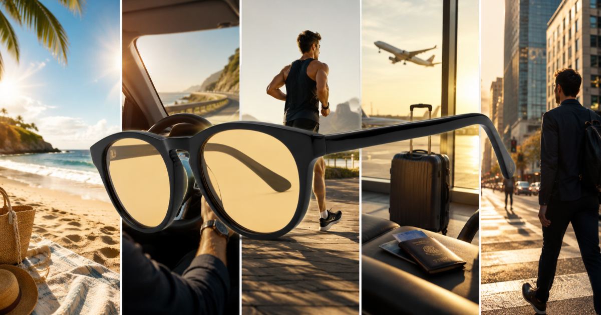 Armação de óculos preta com lentes amarelas sobreposta a uma colagem com cinco cenários do dia a dia: praia, direção, corrida, sala de embarque em aeroporto e caminhada na cidade.