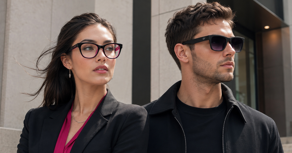 Homem e mulher com trajes modernos posando em frente a um prédio corporativo; ela usa blazer preto, blusa magenta e óculos de grau pretos com detalhes rosa internos, enquanto ele veste jaqueta preta e óculos de sol pretos estilo clássico.