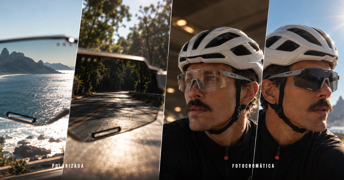Montagem dividida em três painéis comparando lentes. O primeiro painel mostra a visão de uma estrada e o mar através de uma lente polarizada. Os outros dois painéis mostram o rosto de um ciclista usando lentes fotocromáticas que escurecem de acordo com a luz.
