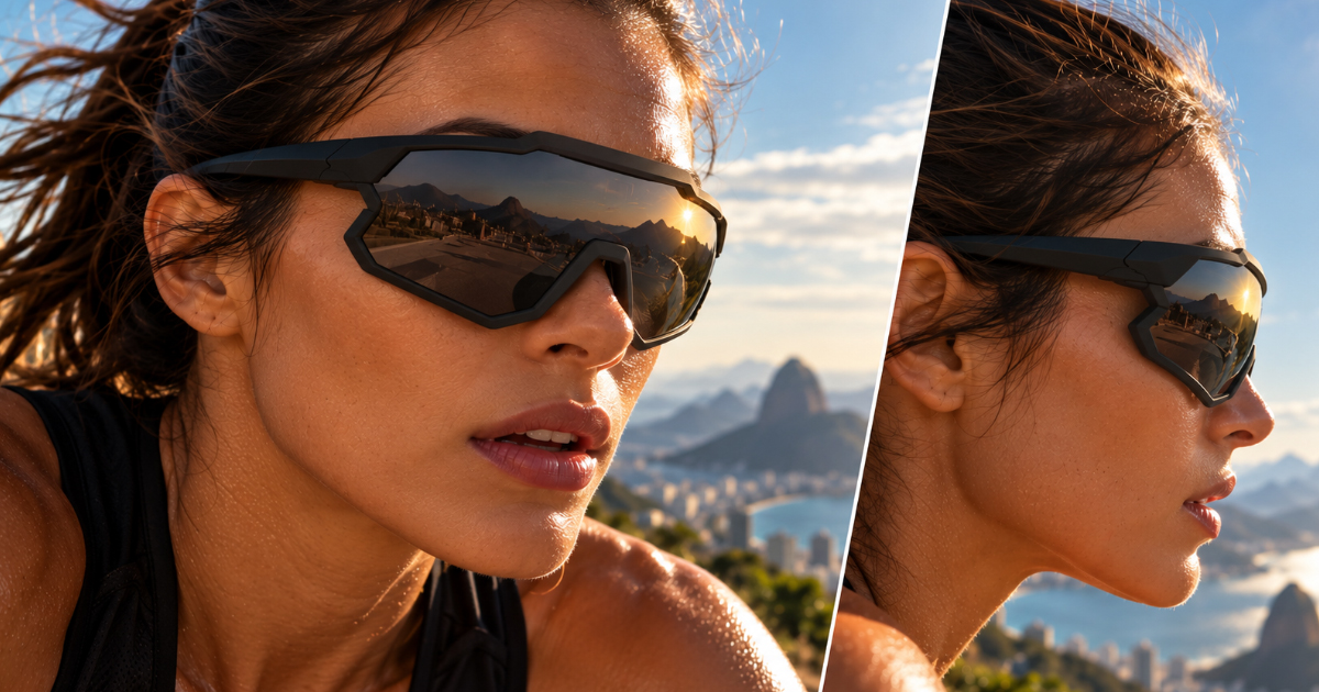 Duas fotos em close lateral e diagonal de uma mulher usando óculos esportivos pretos em formato de máscara com design bastante curvado. As lentes espelhadas refletem a paisagem do Rio de Janeiro ao pôr do sol.