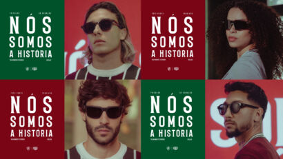Banner publicitário da coleção Fluminense x Fuel Eyewear. Mosaico de oito painéis a alternar entre quatro modelos a usar óculos de sol escuros e fundos em verde e grená com a frase "NÓS SOMOS A HISTÓRIA".