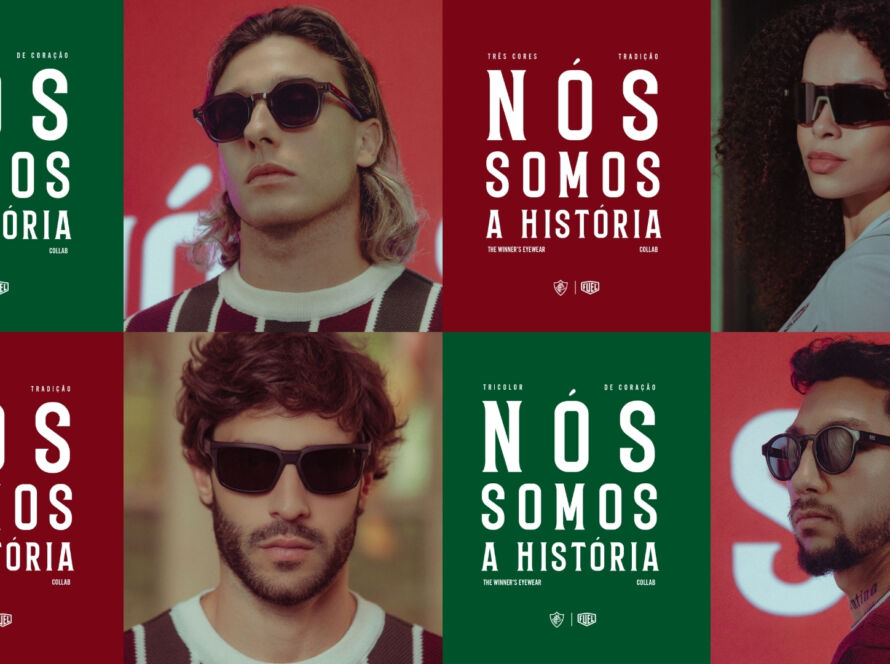 Banner publicitário da coleção Fluminense x Fuel Eyewear. Mosaico de oito painéis a alternar entre quatro modelos a usar óculos de sol escuros e fundos em verde e grená com a frase "NÓS SOMOS A HISTÓRIA".