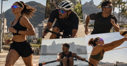 Montagem com quatro atletas praticando diferentes modalidades usando óculos esportivos: uma mulher correndo, um homem pedalando, um homem remando na água e uma mulher jogando vôlei de praia