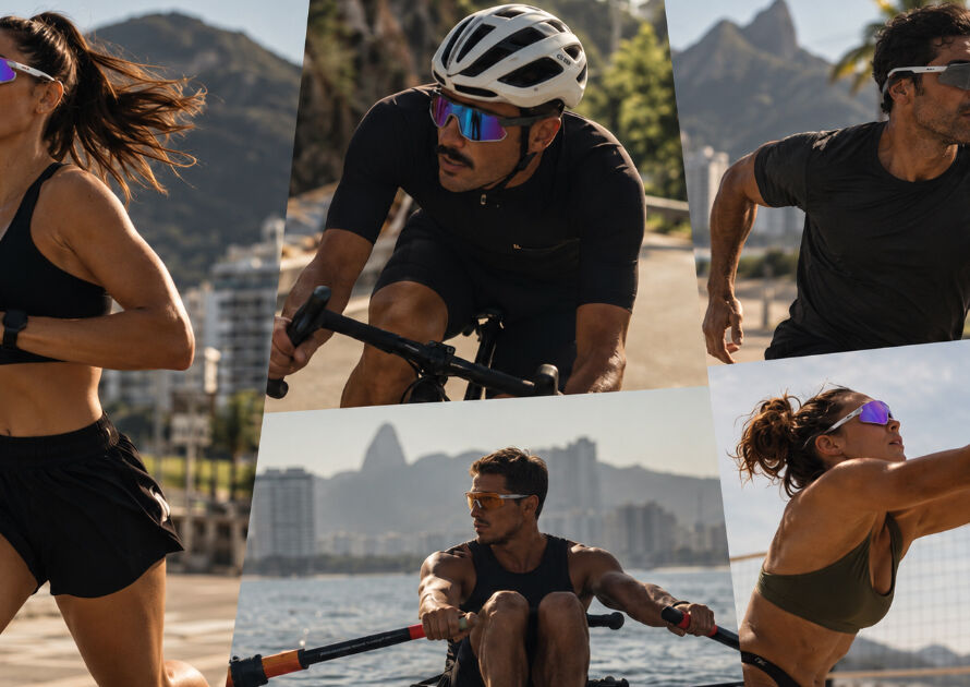 Montagem com quatro atletas praticando diferentes modalidades usando óculos esportivos: uma mulher correndo, um homem pedalando, um homem remando na água e uma mulher jogando vôlei de praia